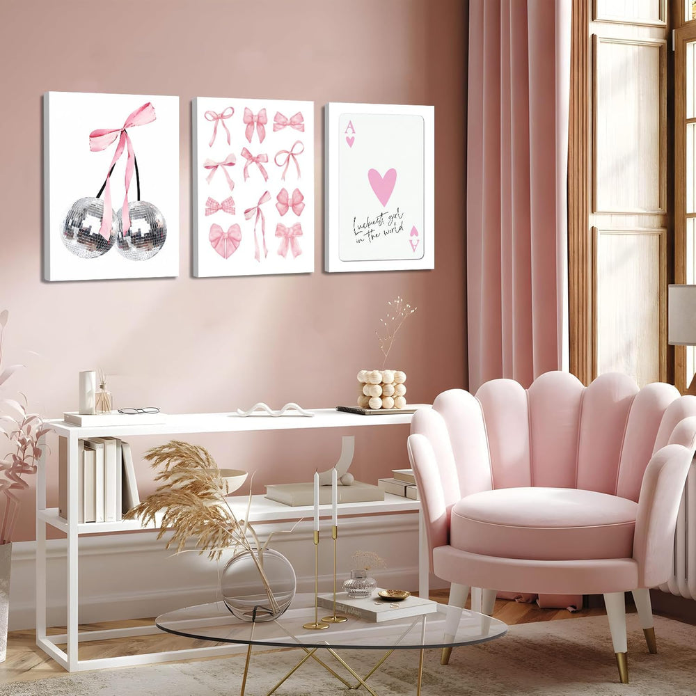 Pink Bows Wall Art Set of 3, Preppy Coquette Wall Decor, Trendy Disco Ball an...