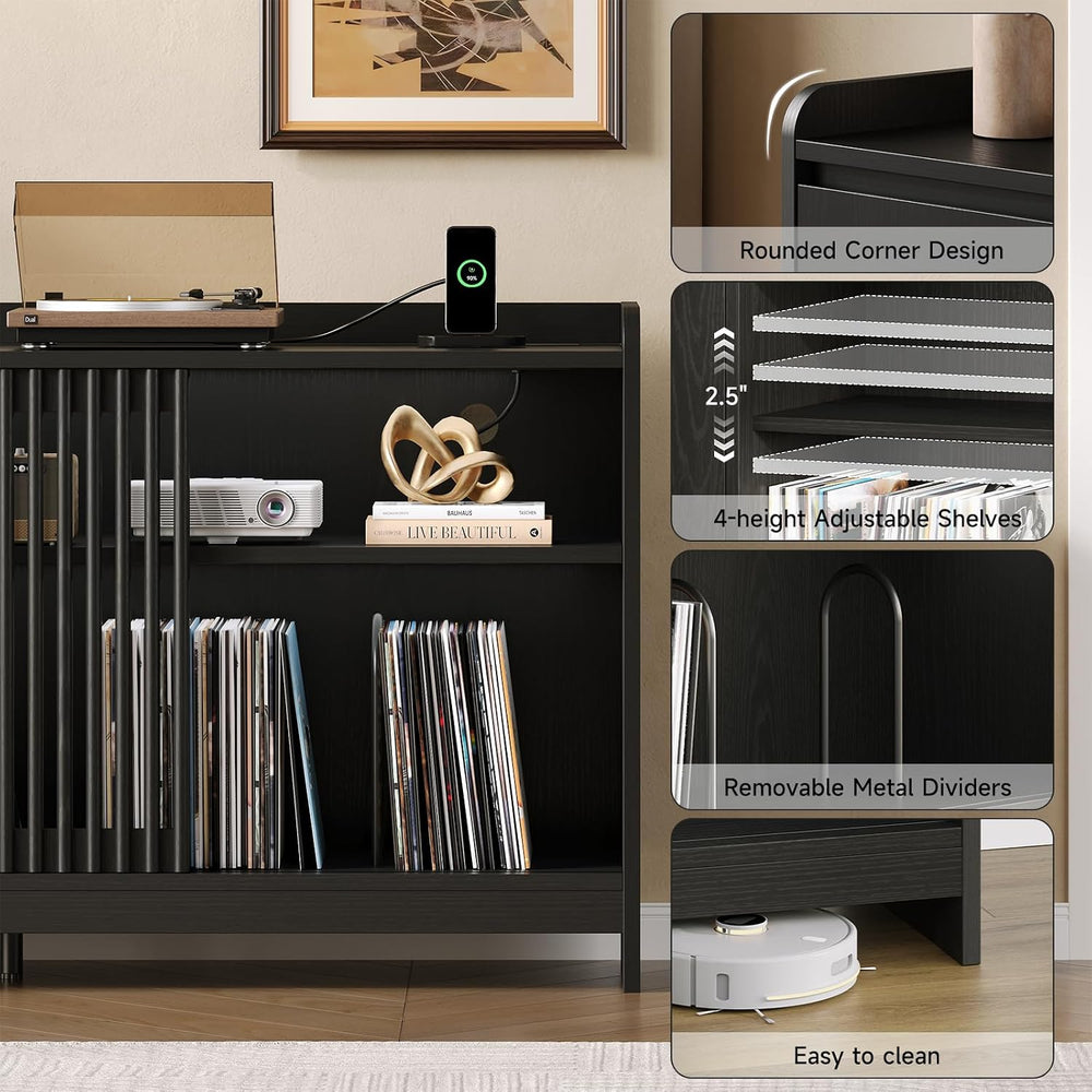 ONBRILL 48" Record Player Stand w/Flip-Out Storage Cabinet, Sliding Door