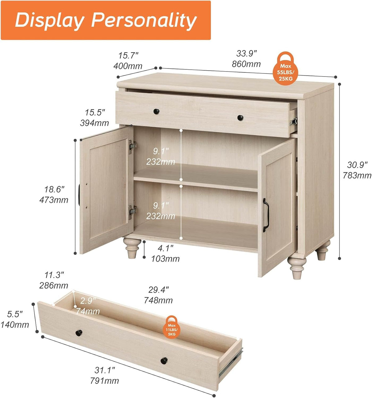 wampat farmhouse buffet cabinet with doors & drawer shown in use