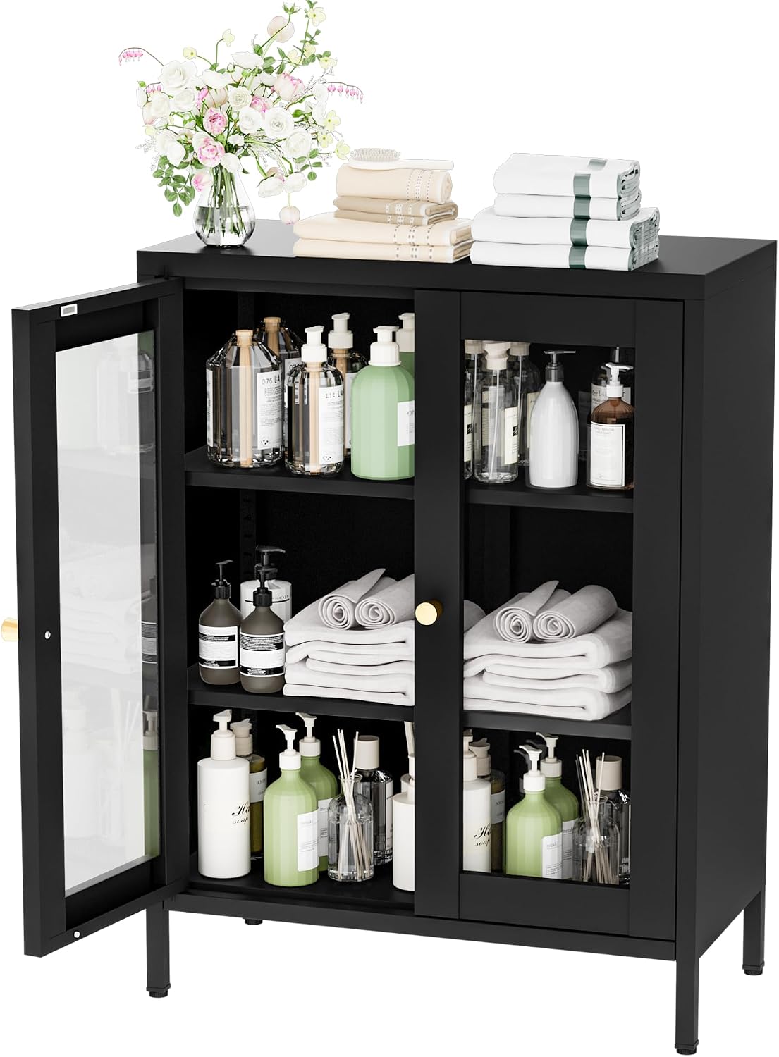 YAUWOH Metal Bathroom Cabinet with Glass Doors,Bathroom Floor Storage Cabinet with 2 Adjustable Shelves & 2 Doors, Sideboard for Small Spaces, Living Room, Dining Room, Home Office