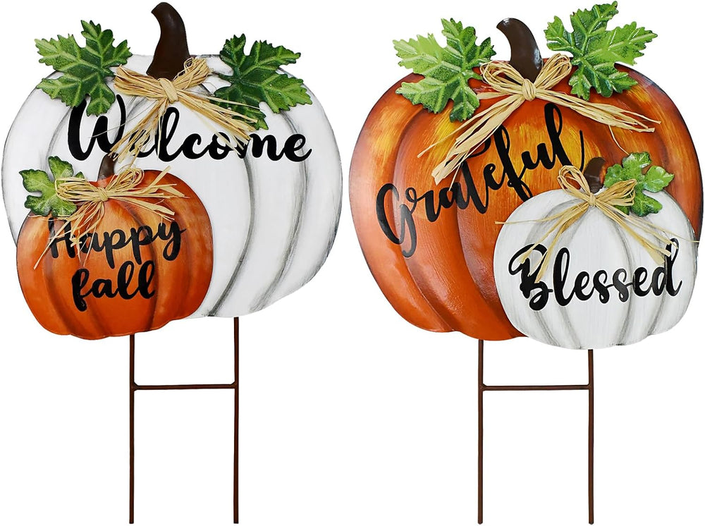 Happy Fall Decor Metal Garden Stake Stacked Pumpkin Welcome Yard Sign