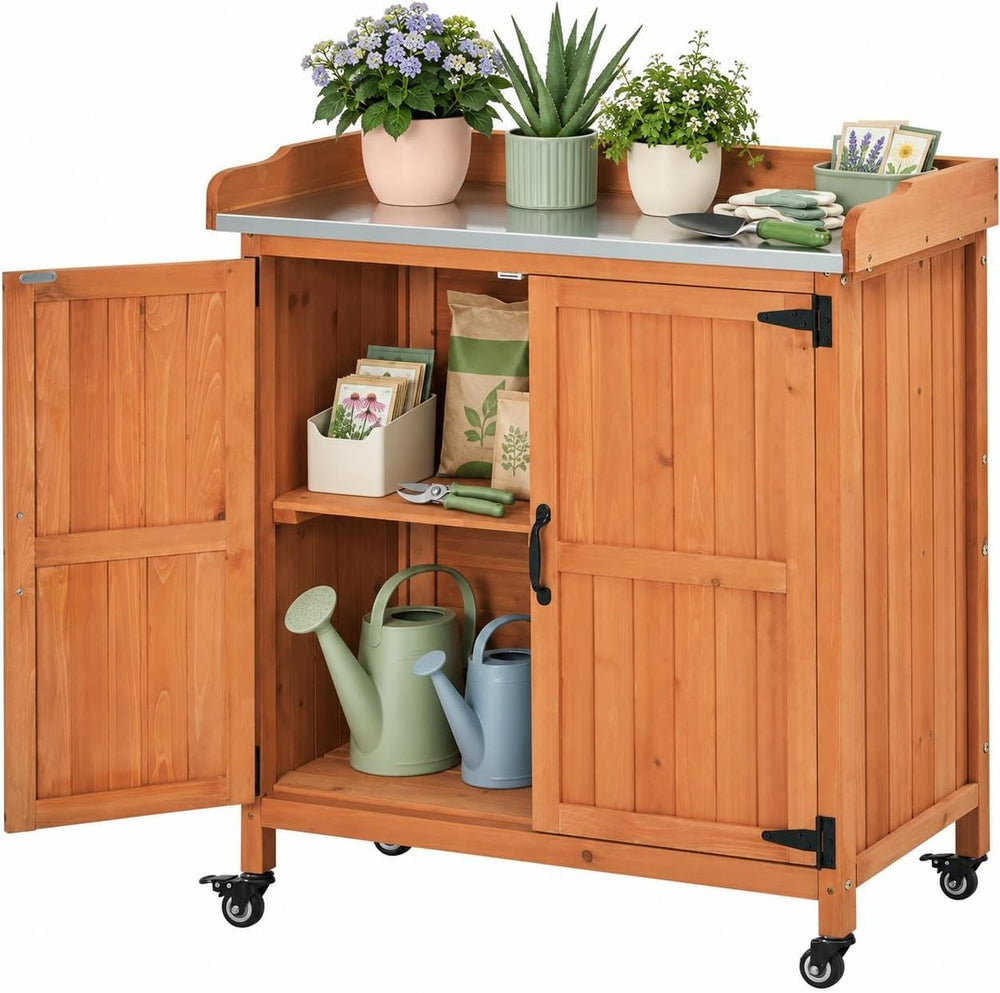 Yaheetech Rolling Potting Bench Outdoor Storage Cabinet, Metal Top, Brown