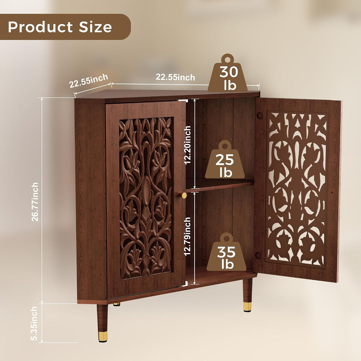 3More Retro Hollow Carved 2-Door Accent Corner Storage Cabinet, Brown