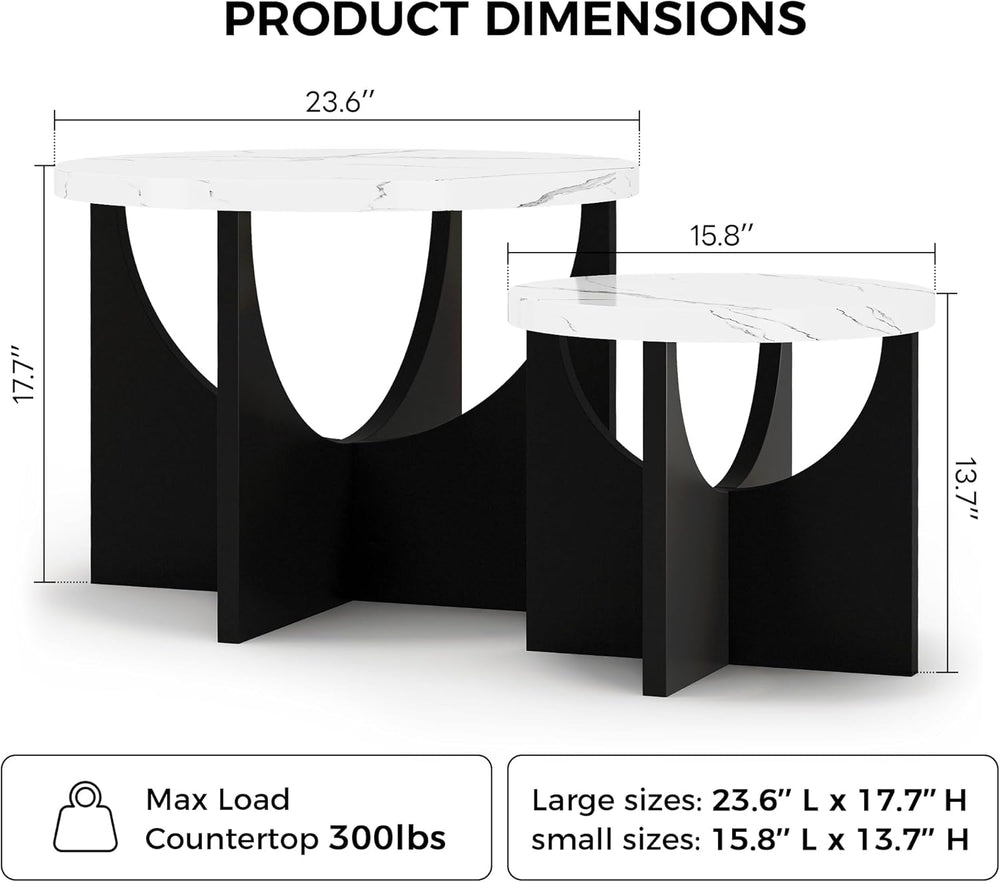 LIKIMIO Nesting Coffee Tables Set of 2, 23.6" Small Tables, Marble White