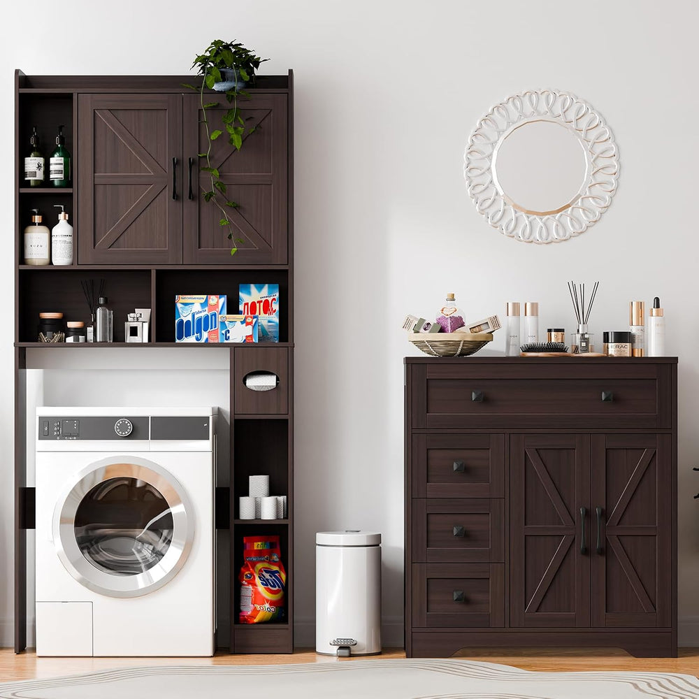 Vabches Farmhouse Storage Cabinet with 2 Doors and 4 Drawers, Espresso