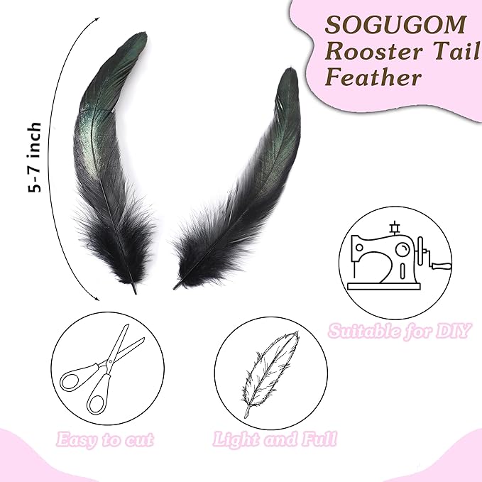 SOGUGOM Black Rooster Tail Feathers - 200 pcs 5-7 inch Craft Feathers Bulk fo...