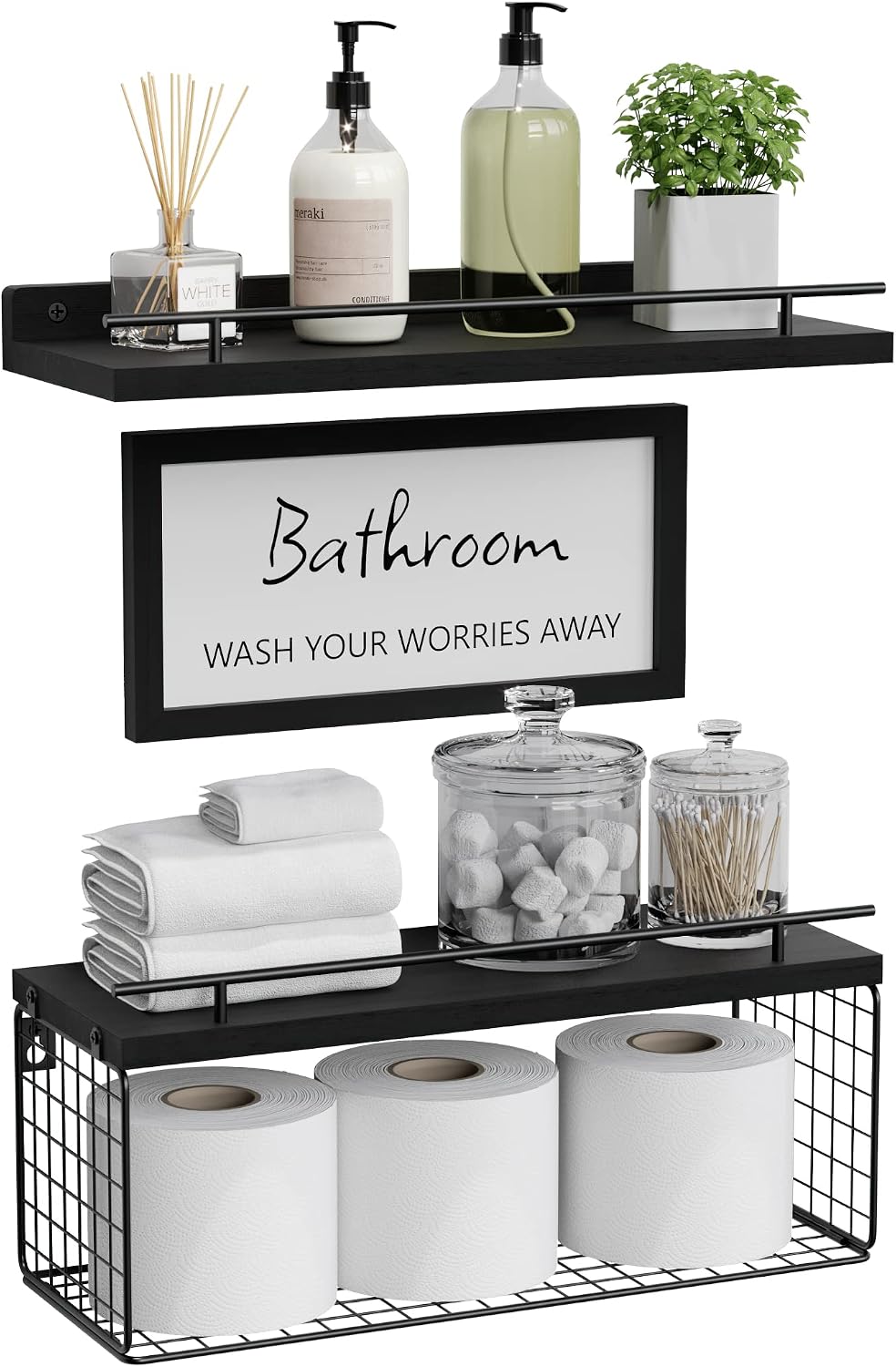 WOPITUES Floating Shelves for Bathroom Decor Art, Modern Black