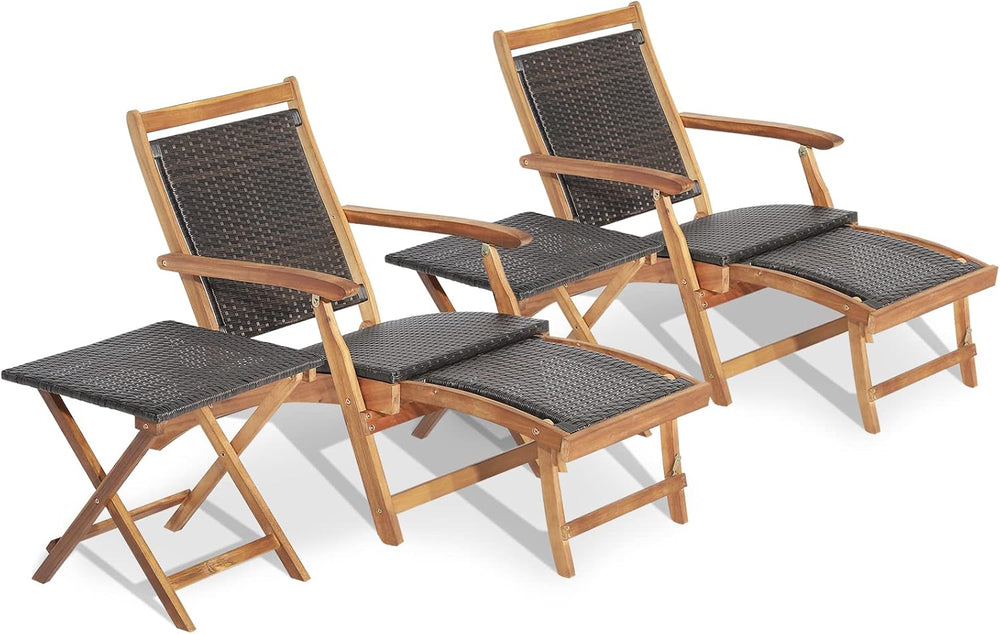 Tangkula Patio Lounge Chair and Side Table Set of 2, Acacia Wood Wicker Foldi...