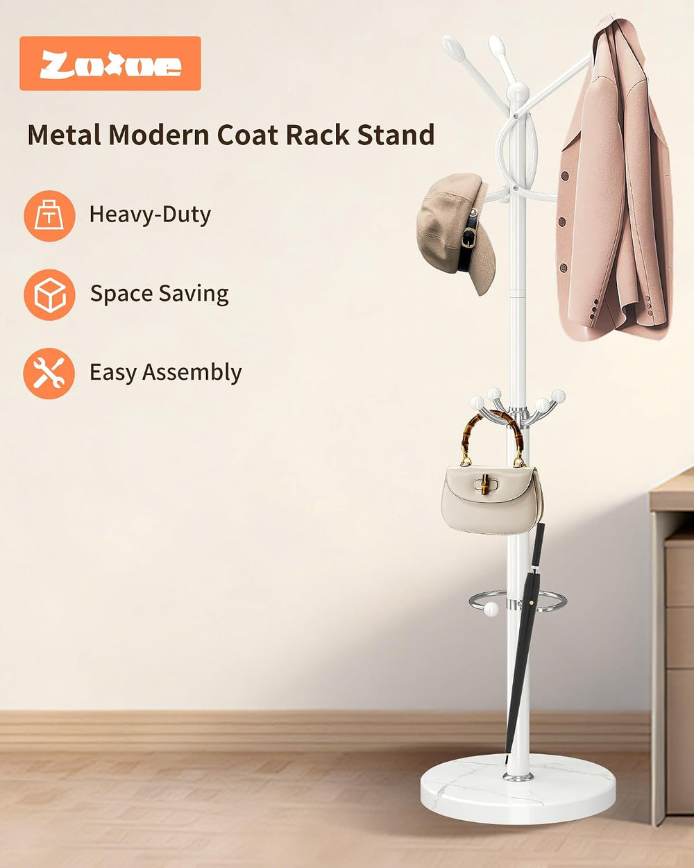 ZOZOE Coat Rack Stand with 10 Hooks Marble Base & Umbrella Holder