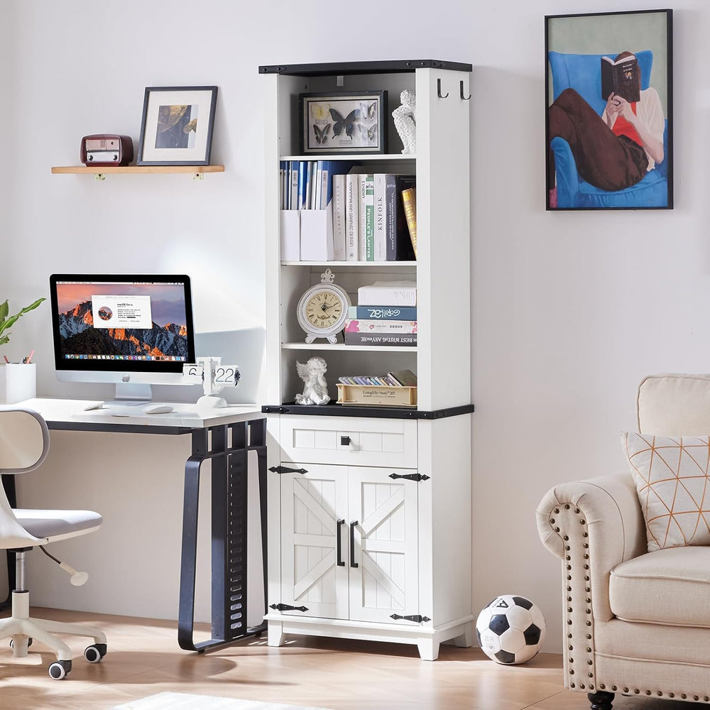 Joaxswe 72in Tall Bookshelf 7 Tier Bookcase with Drawer and Barn Doors and Ad...