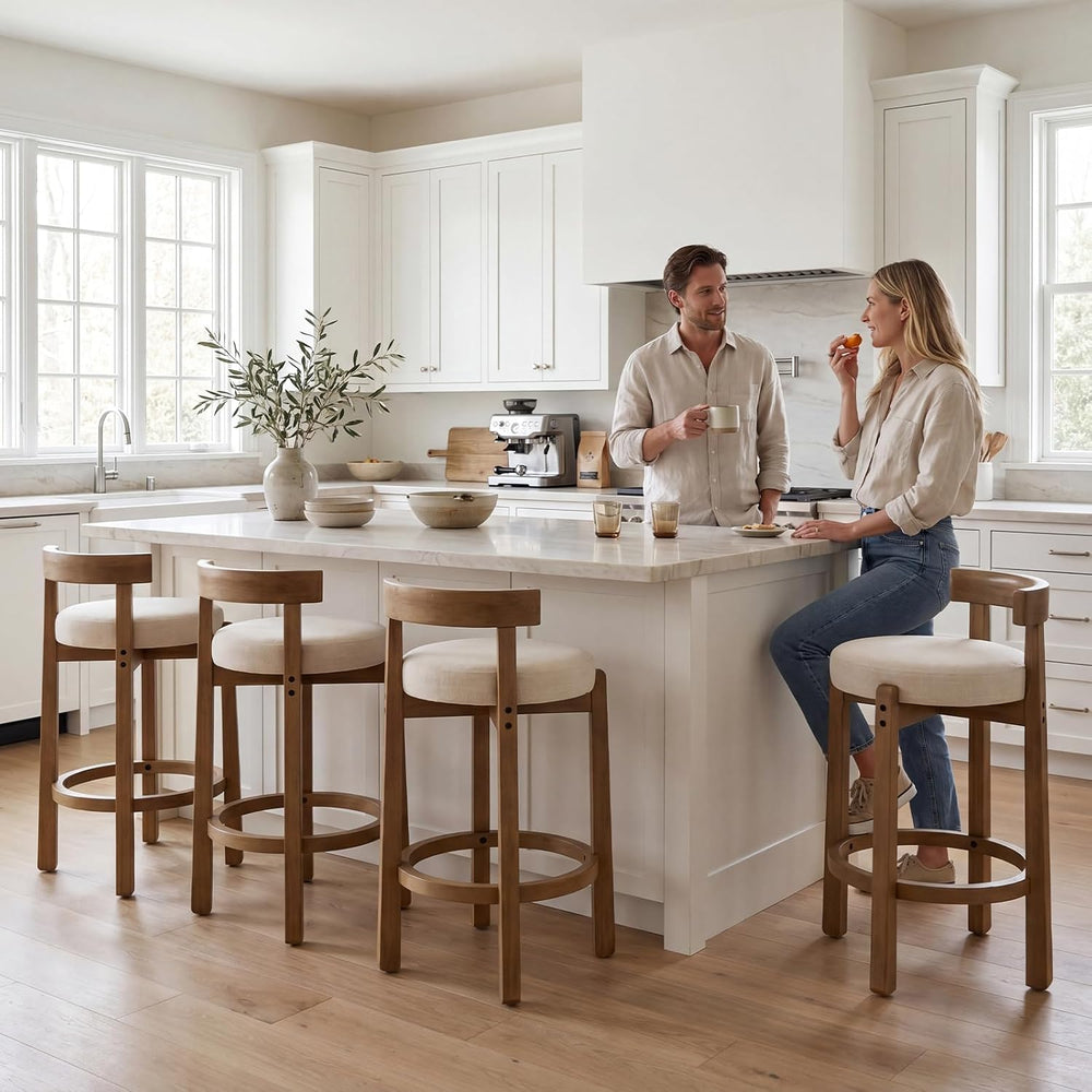 Ya-Home Mid-Century Bar Stools Set of 2, 26.5 Inch Linen Counter Height Uphol...