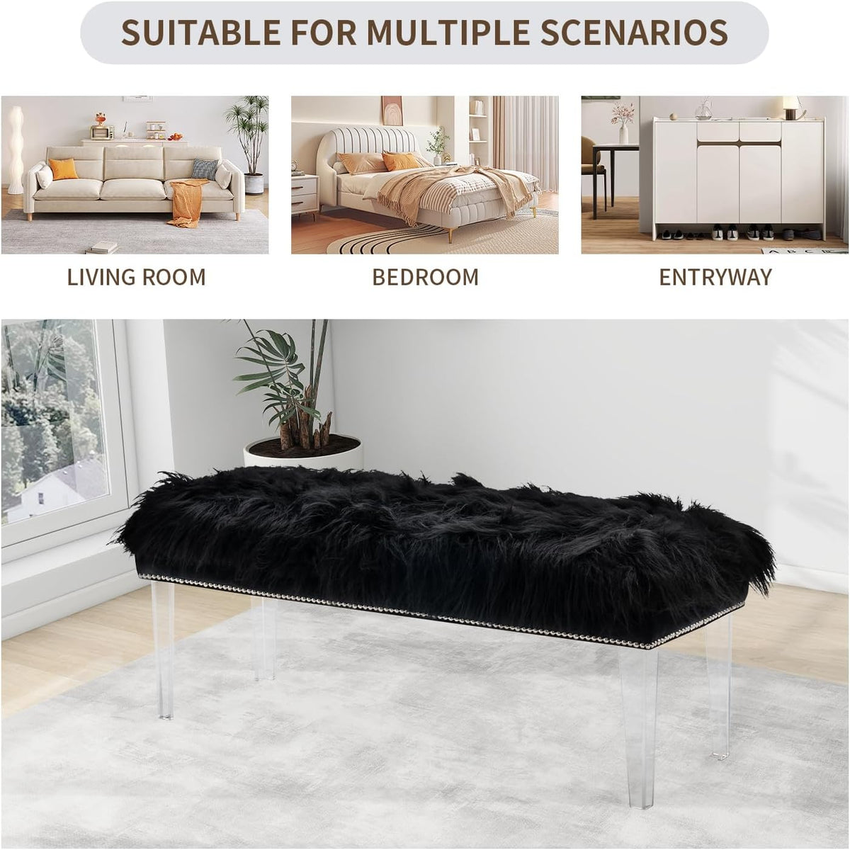 Modern Black Faux Fur Ottoman Bench - Upholstered Furry Bench with Acrylic Legs for Bedroom, Living Room, Entryway, Vanity or Bed End