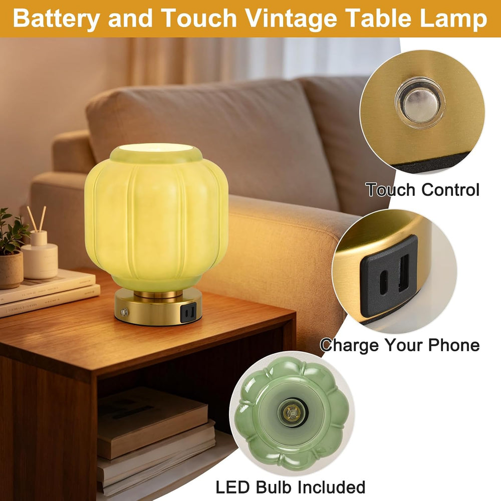 Rechargeable Table Lamp, Cordless Green Glass Bedside Lamp Small