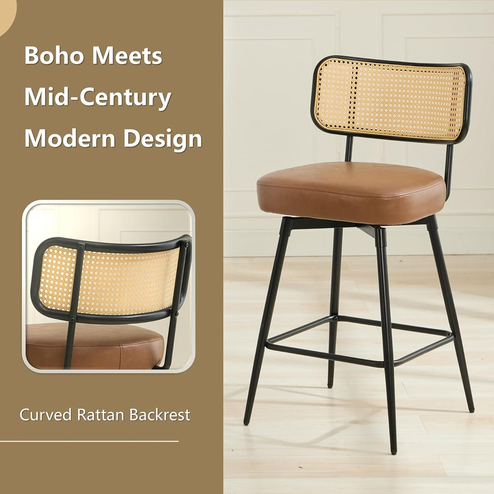 Rattan Bar Stools Set of 3, Swivel Counter Height, Brown