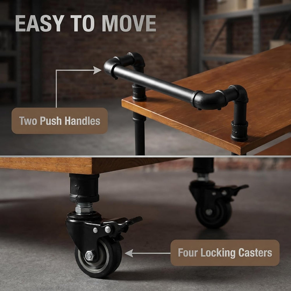 Industrial Pipe Bar Carts, Solid Wood Serving Carts, Rolling Kitchen Carts