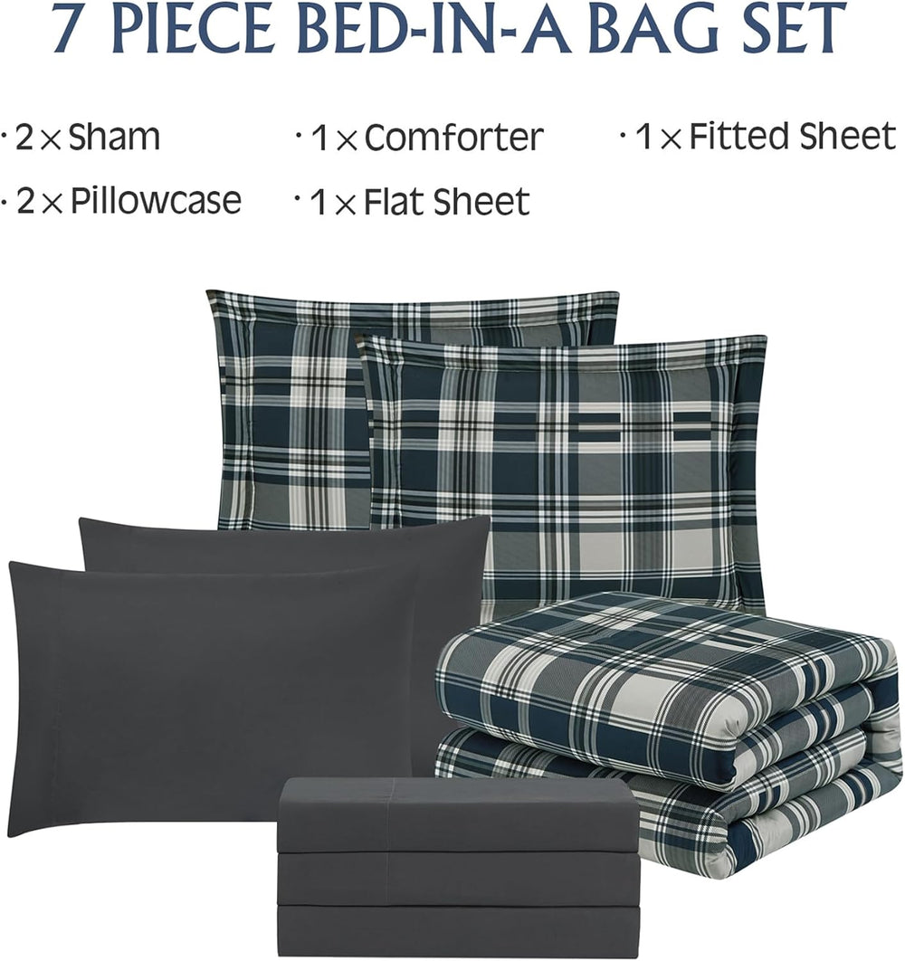 MaiRêve Plaid Queen Comforter Set Navy Blue 7 Pieces Bed in a Bag