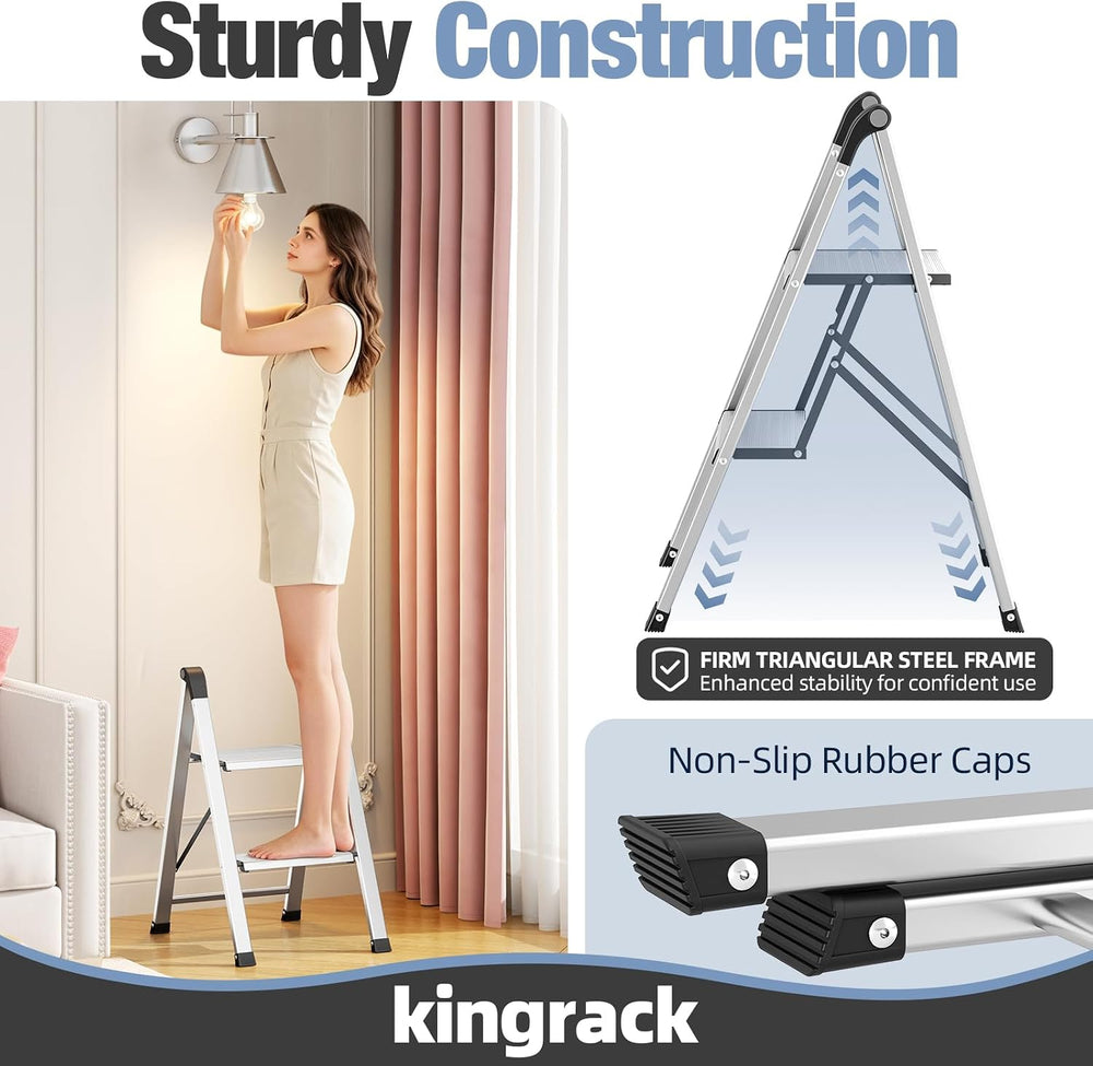 KINGRACK 2 Step Aluminum Step Ladders Foldable for Home, 330lb, Silver
