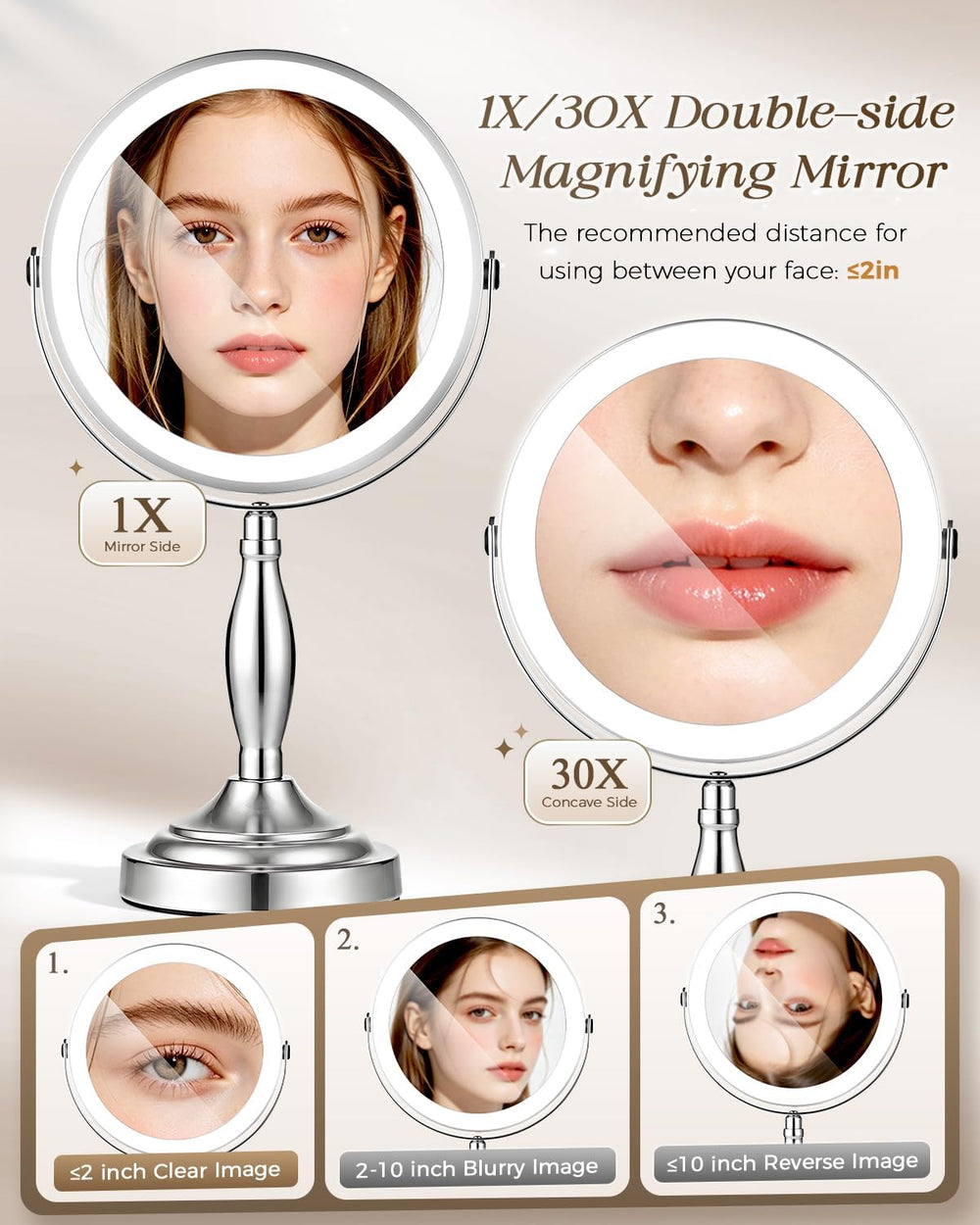 30X/1X Magnifying Mirror with Lights, Rechargeable Lighted Makeup Mirror