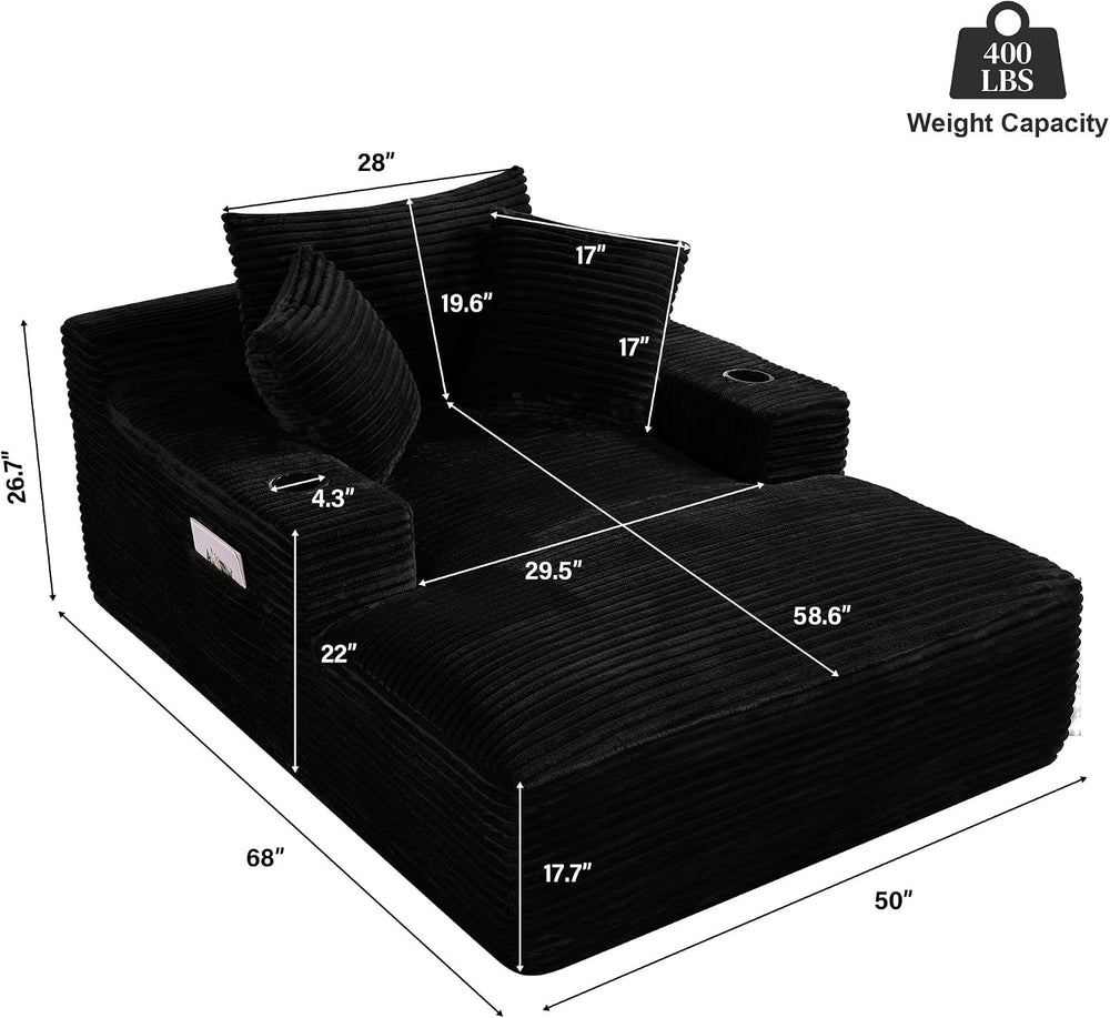 68" Oversized Boneless Chaise Lounge Chair Indoor with Cup Holders,Black