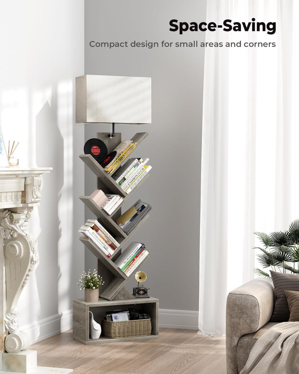 Evermagin 6 Tier Tree Bookshelf with Light, Bookcase, Gray