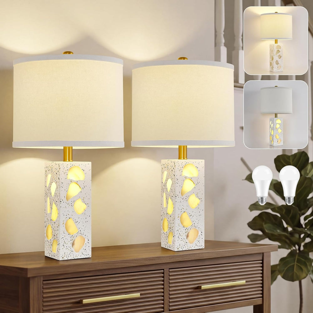 22" Table Lamps Set of 2, Translucent Stone-Inspired Lamps with Night Light