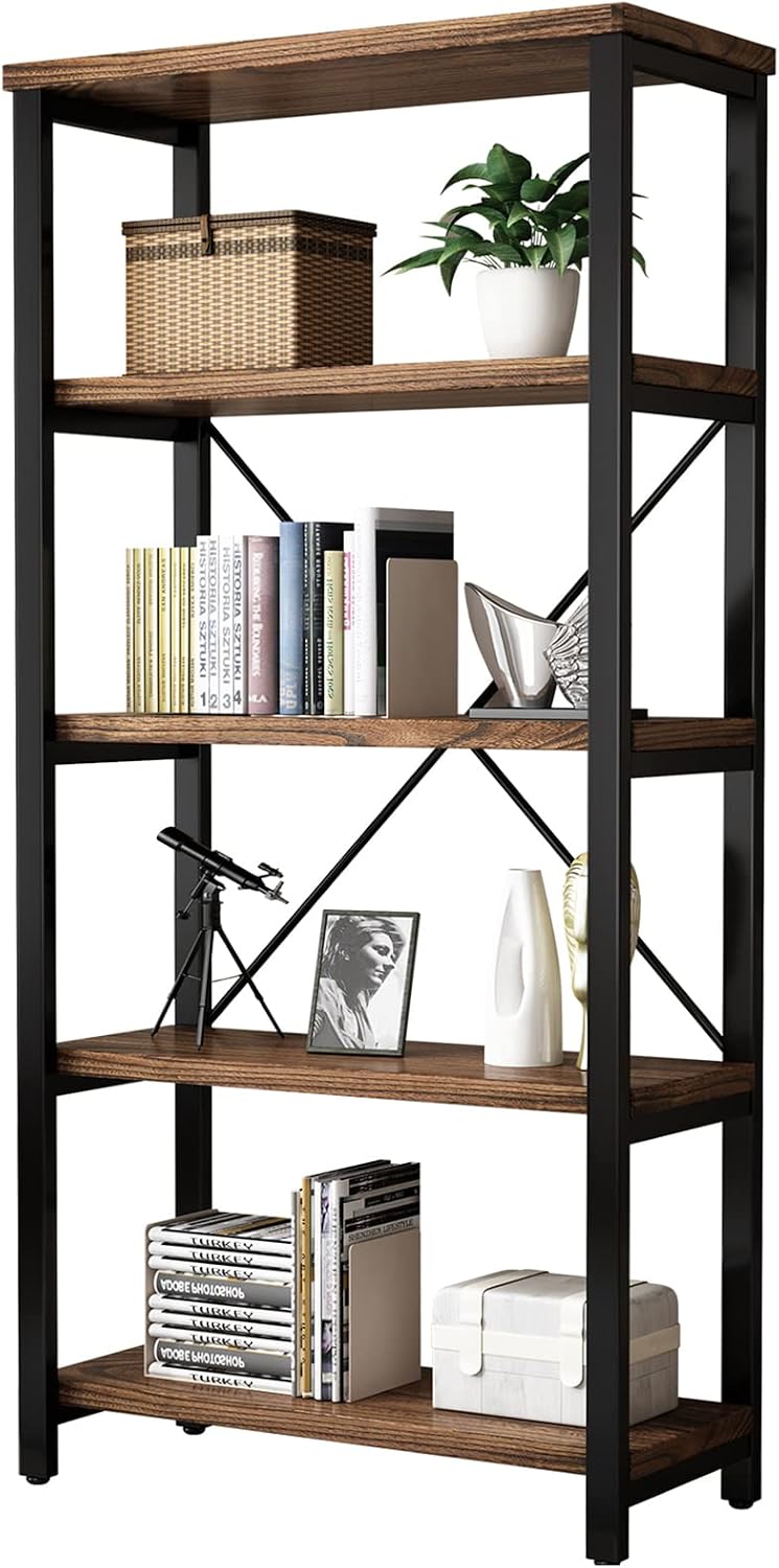 AY-AOYUAN 5-Tier Real Solid Wood Bookshelf, Industrial Metal Etagere