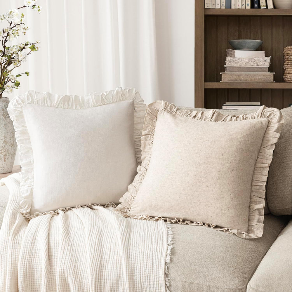Foindtower Linen Fringe Ruffle Throw Decorative Pillow Covers 22×22 White