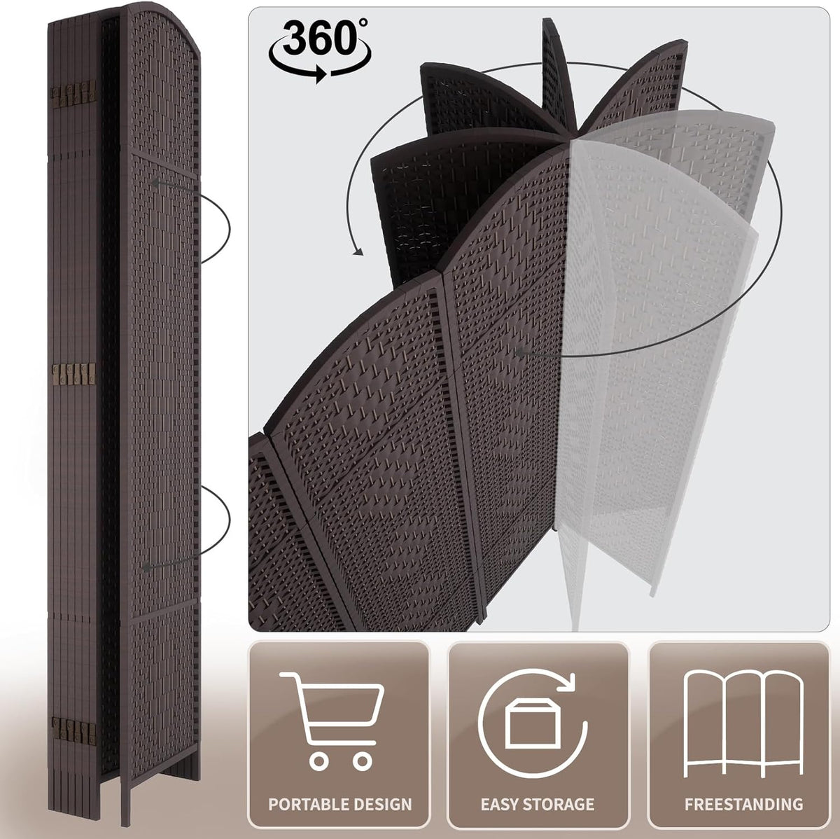 RHF Room Divider Panel,3 Panel Partition Room Dividers Screen, Dark Coffee