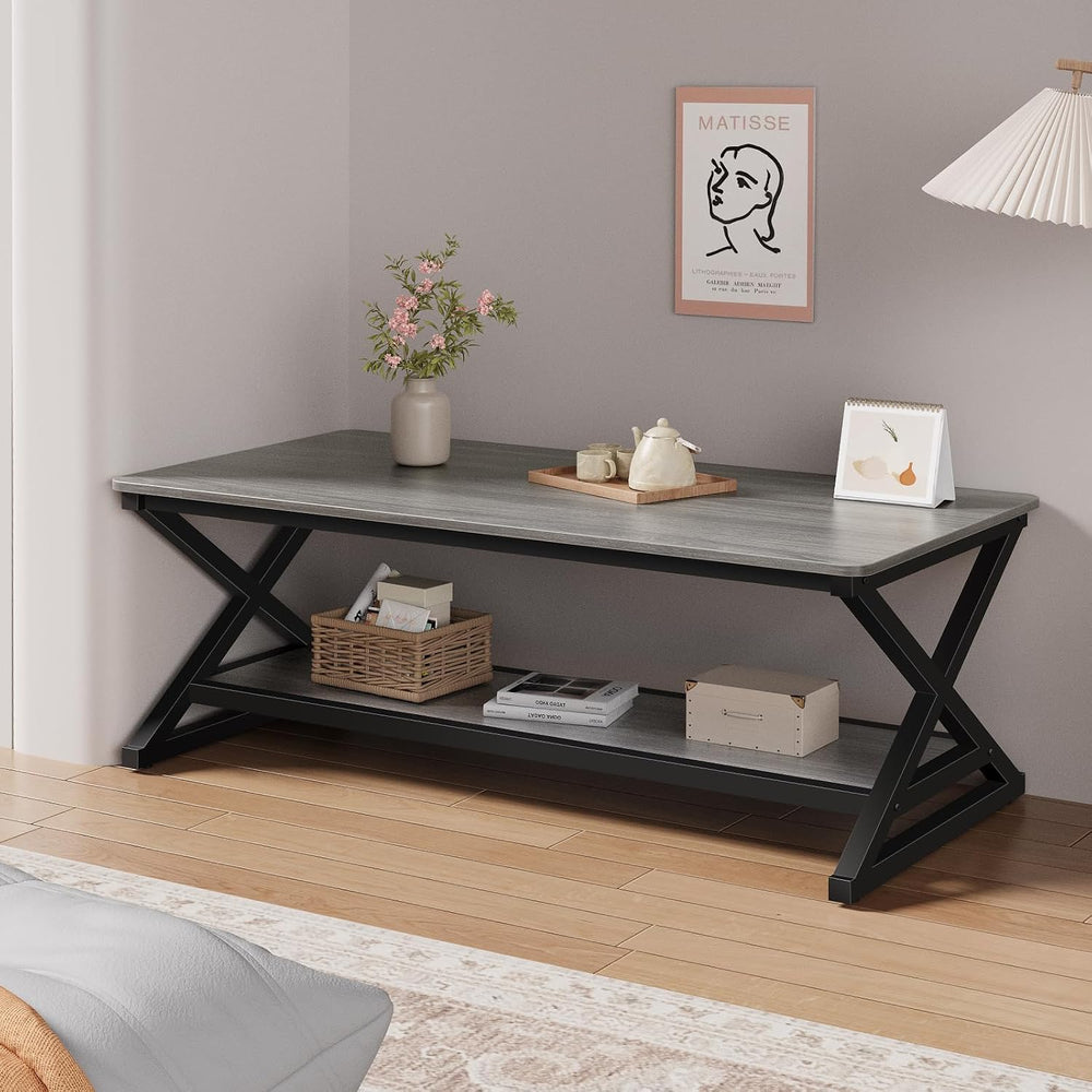 47" Coffee Table for Living Room, 2-Tier Rectangle, Grey Oak