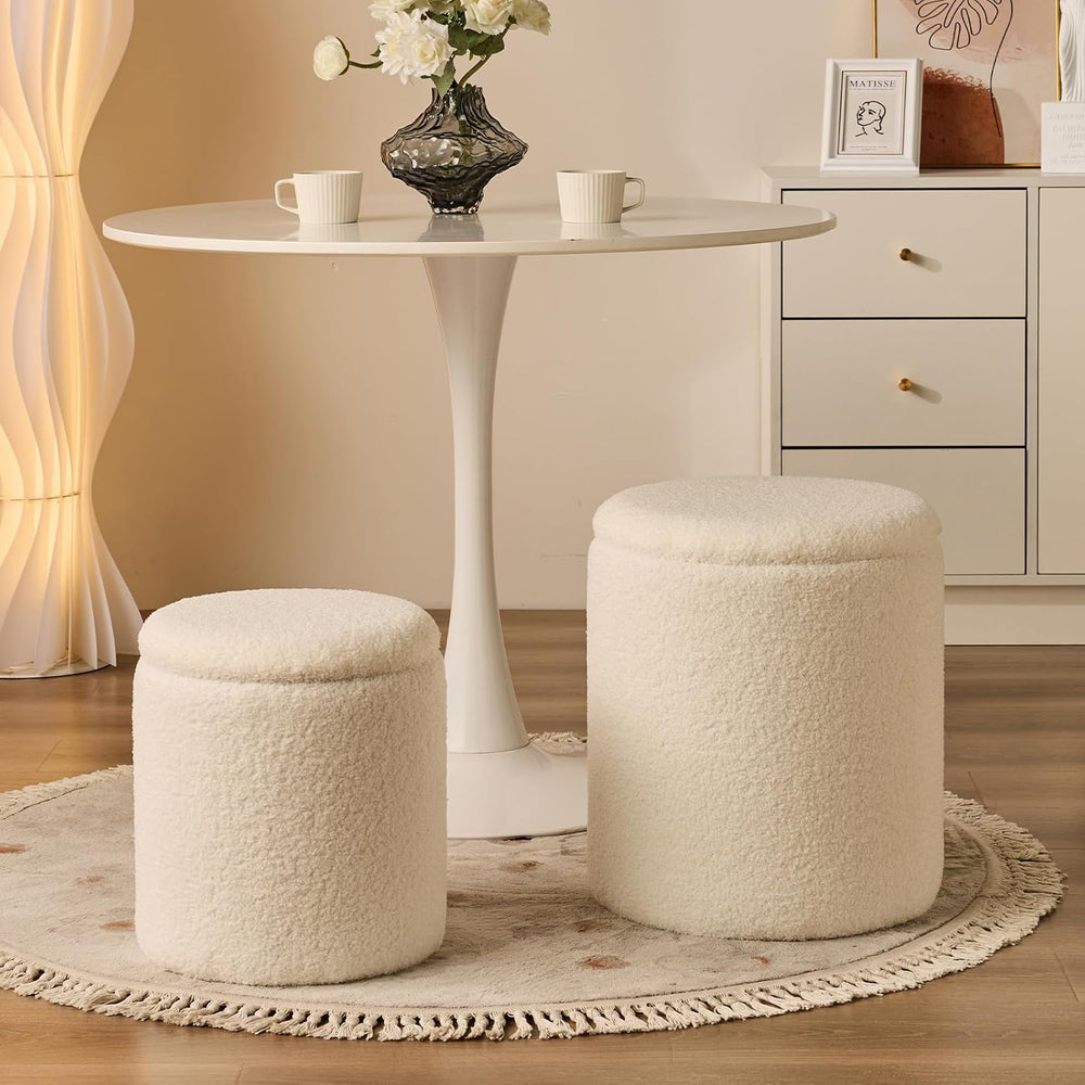 BLEXA Set of 2 Round Storage Ottoman, White Sherpa Ottoman with Storage