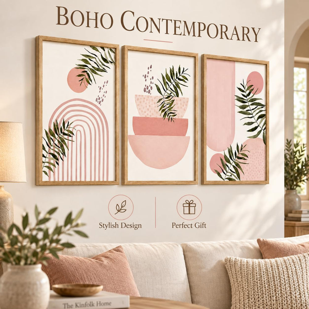 Framed 3pcs Boho Pink Geometric Leaf Canvas Wall Art 12x16 Inch