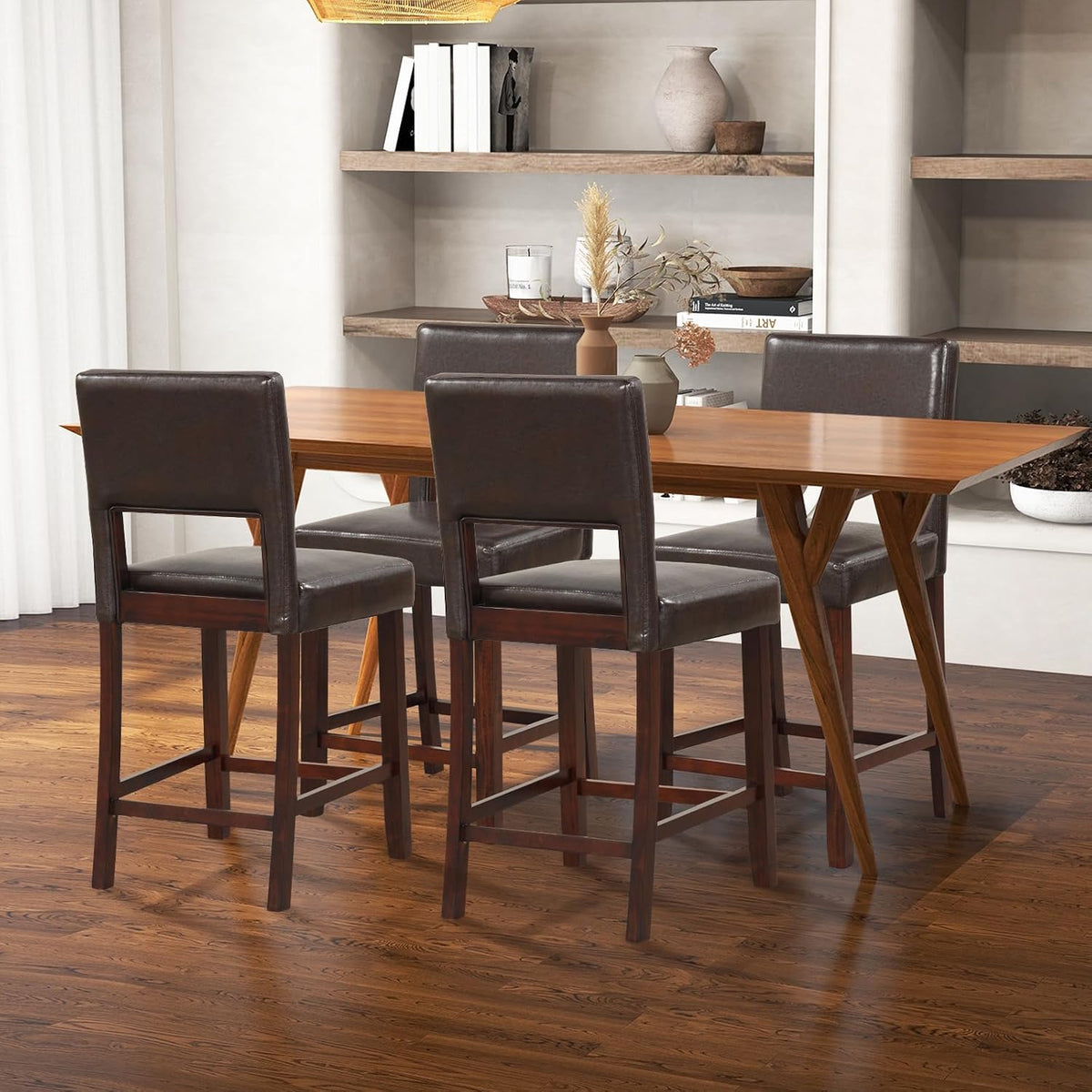 GIANTEX 24.5" Counter Height Bar Stools Set of 4, PVC Leather Barstools with Back, Rubber Wood Legs, Max Load 400 Lbs, Modern Upholstered Bar Dining Chairs for Kitchen Island Pub