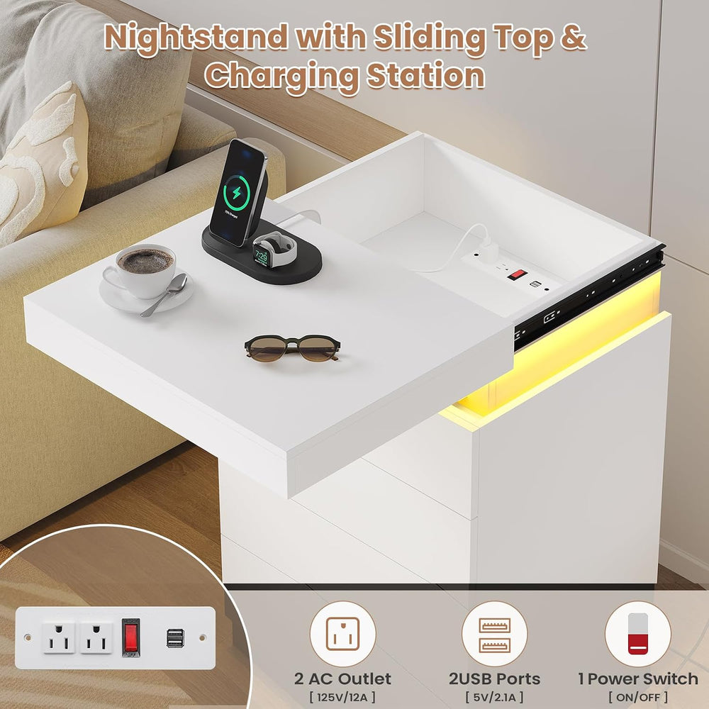 ADORNEVE White Night Stand Set of 2 with Sliding Top