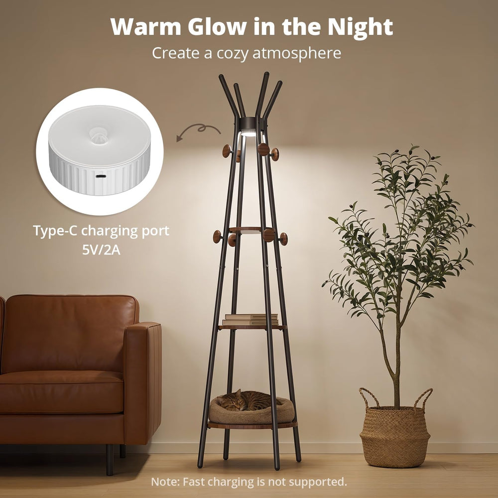 young master Freestanding Coat Rack with Light, 12 Hooks & 3 Wood Shelves...
