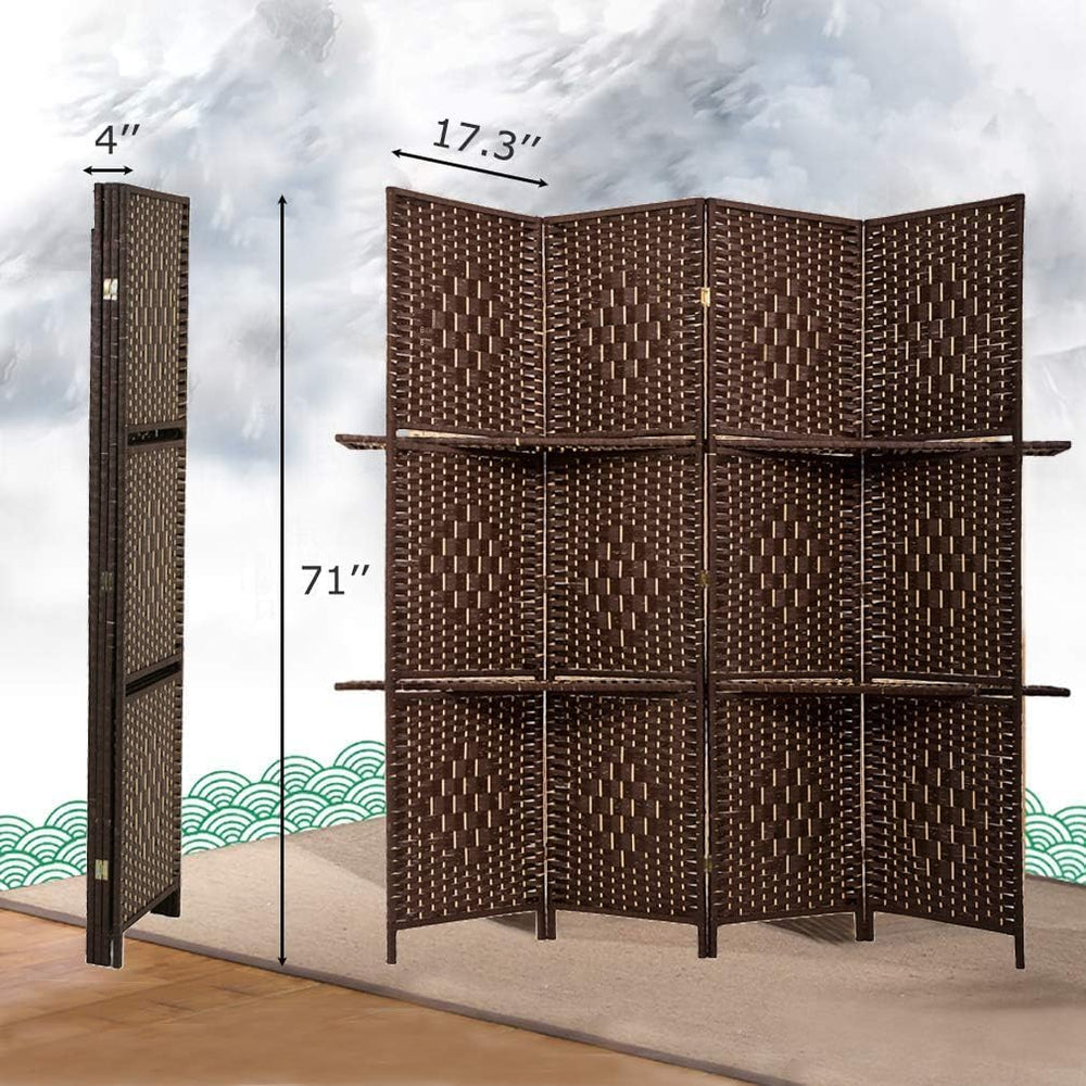 FDW | 4 Panel Folding Room Divider with Shelves | 5.9ft, Brown