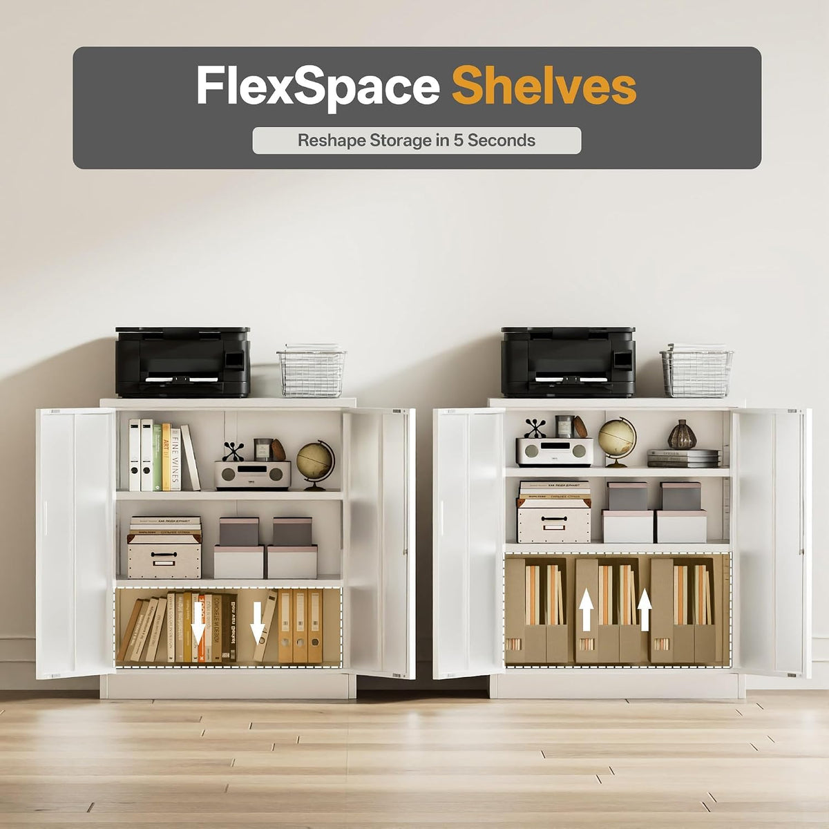 Metal Storage Cabinets，36" H White Metal Cabinet with Doors and 2 Adjustable Shelves, Lockable Storage Cabinets for Office, Home, Garage, Warehouse