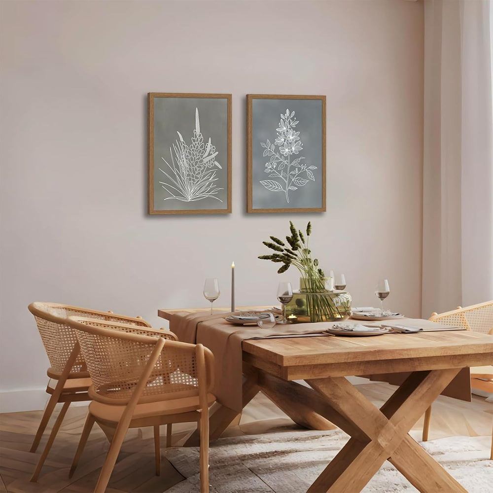 2pcs Framed Boho Botanical Wall Art Vintage Neutral Floral Canvas 12x16in