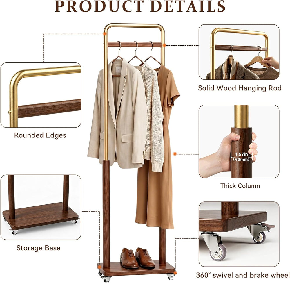 Taitiy Solid Wood Coat Rack with Wheels, Freestanding for Entryway
