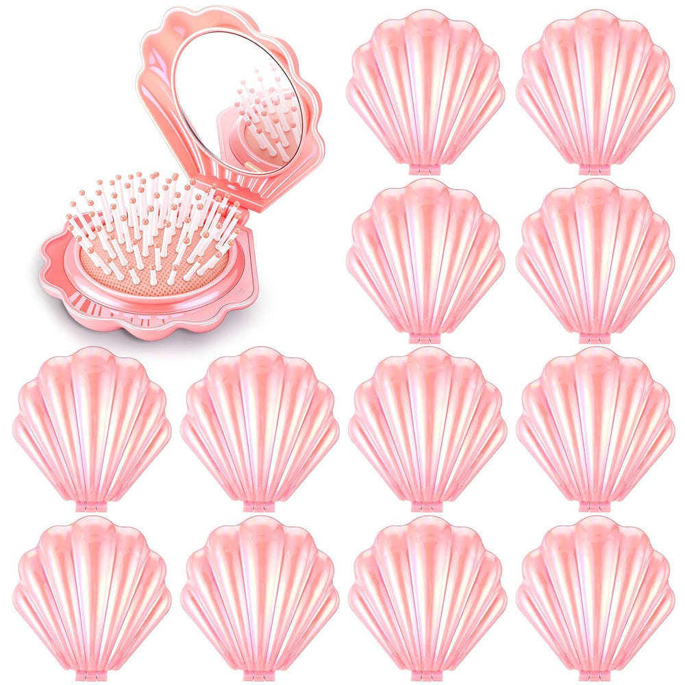 12 Pcs Mermaid Party Favors Shell Hair Brush Mirror, Pink