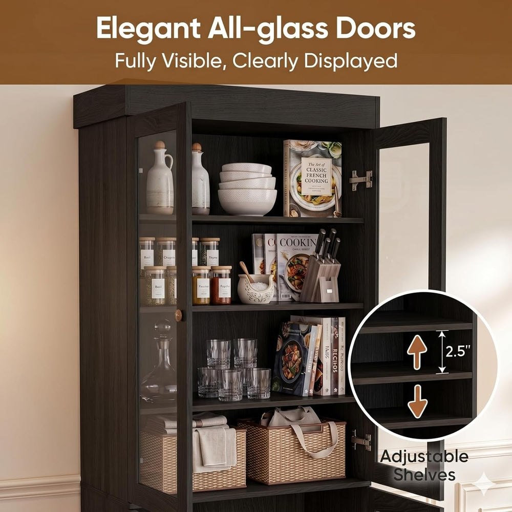 Vyre 71" Tall Farmhouse Kitchen Pantry, Large Storage Cabinets with Glas...