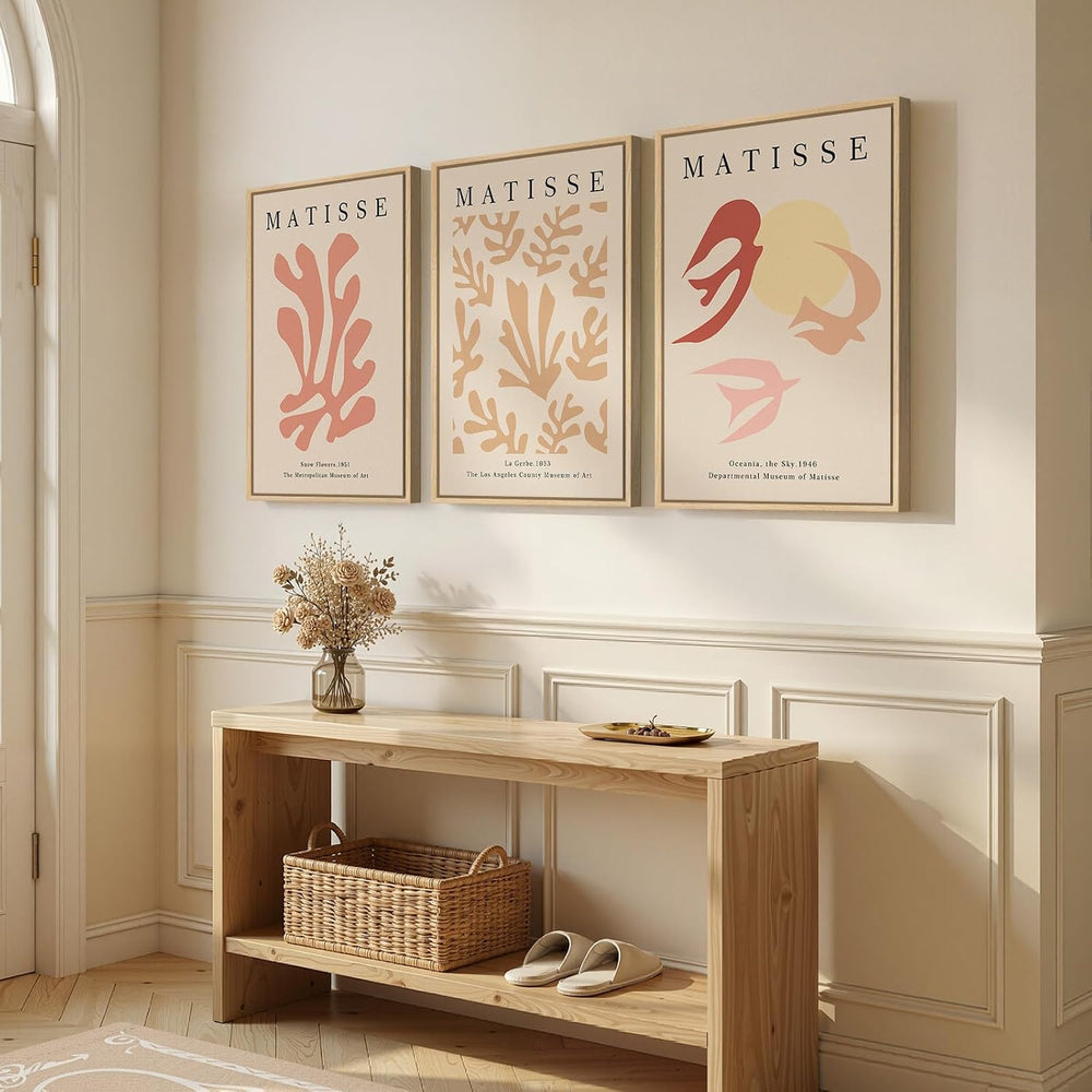 Large Framed Pink Abstract Matisse Canvas Wall Art for Living Room, 3 Piece