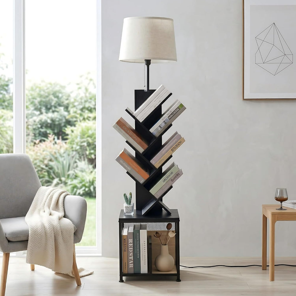 62" Tall Tree bookshelf cabinet, Oval Lamp Fabric Lightshade (Black)
