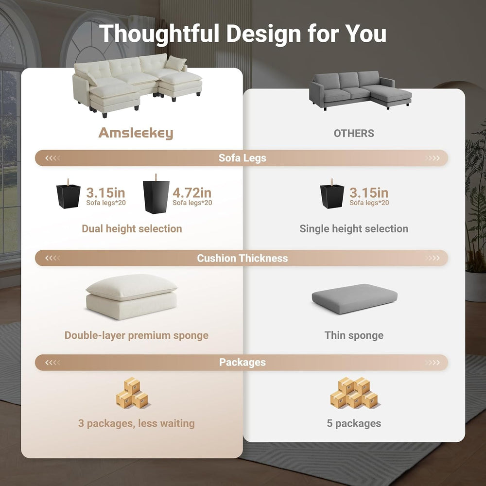 Amsleekey 111.5" U-Shaped Chenille Sectional Sofa, Beige