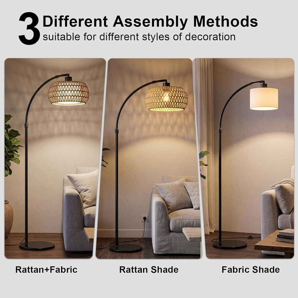 Arc Floor Lamp for Living Room, Rattan Floor Lamp with Remote Control