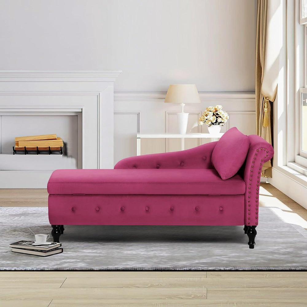 Velvet Chaise Lounge w/Right Armrest & Storage Space, Fuchsia