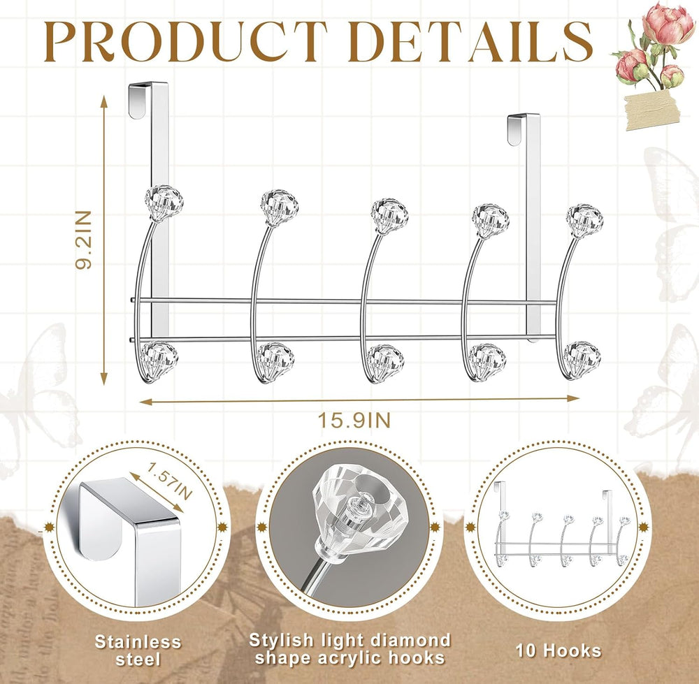 Over The Door Towel Hooks with Crystal Knobs, 10 Hook Heavy Duty Doors Hanger...