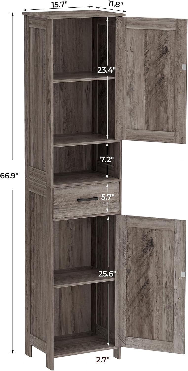 Homhedy 67" H Tall Bathroom Storage Cabinet with Barn Doors and Drawer