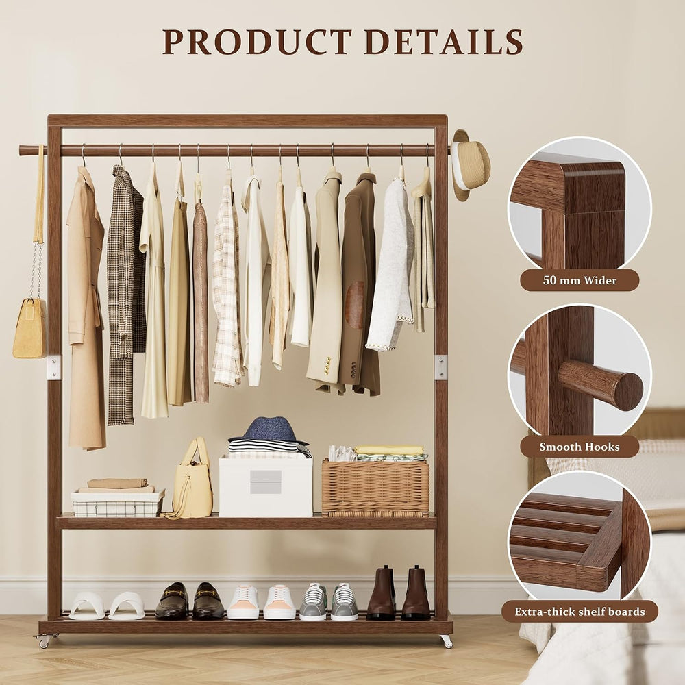 Wood Clothing Rack Solid Wood Clothes rack with Wheels 2 Shelves