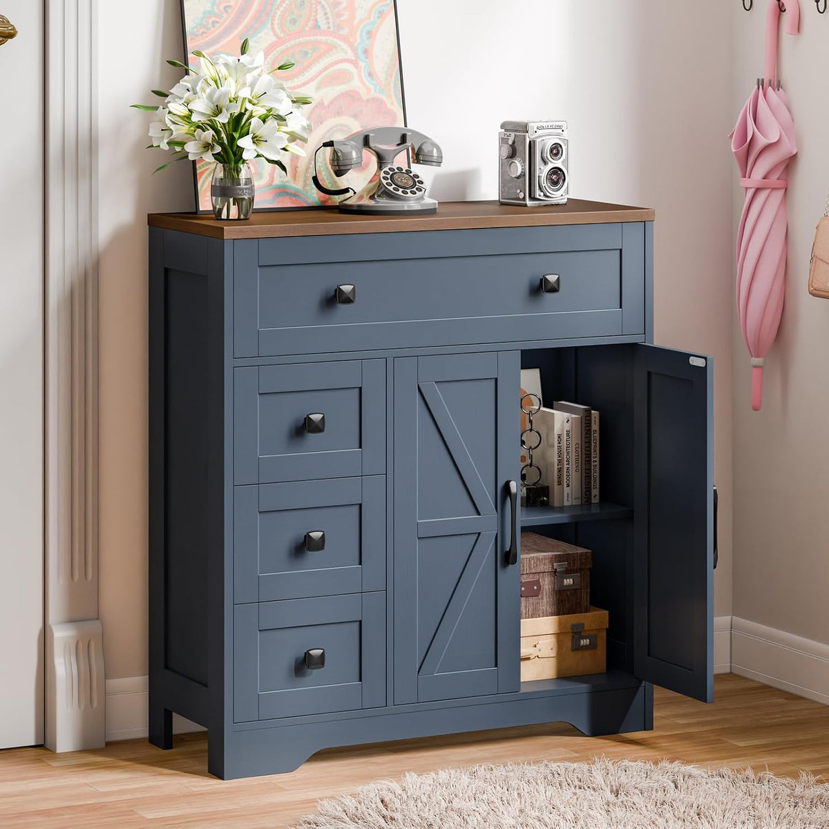 Vabches Farmhouse Storage Cabinet with 2 Doors and 4 Drawers, Blue