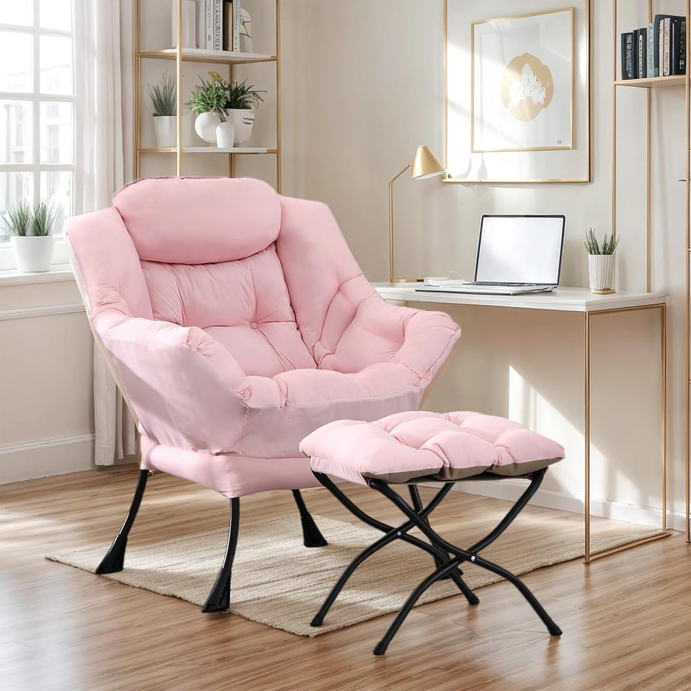 Lazy Chair with Ottoman, Soft Comfy Chair for Bedroom, Pink